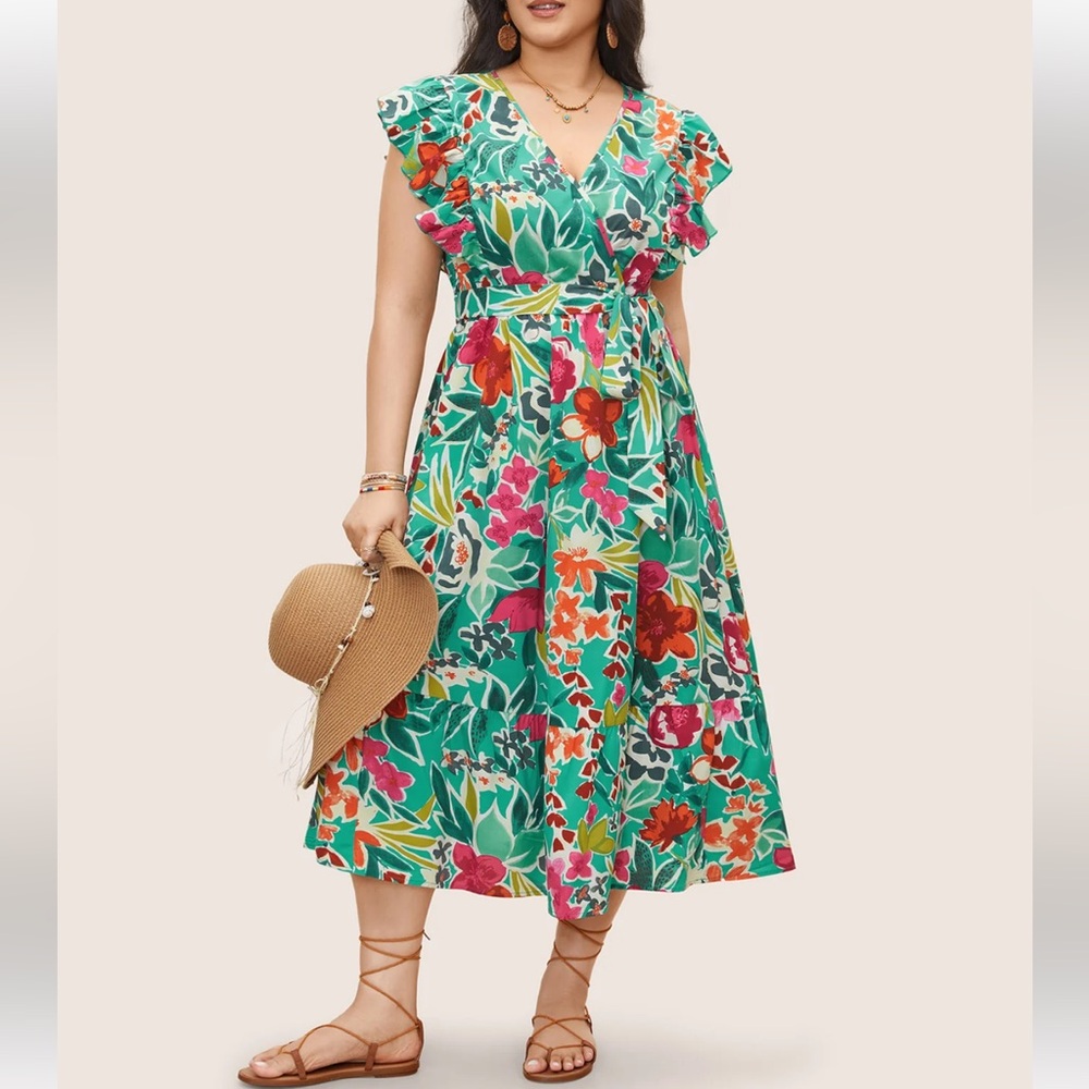 Bloomchic Floral Wrap Patchwork Ruffle Cap Sleeve Dress